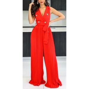 Goodtime USA Red Palazzo Jumpsuit Women’s S Crepe Gold Buttons Tie Waist Glam